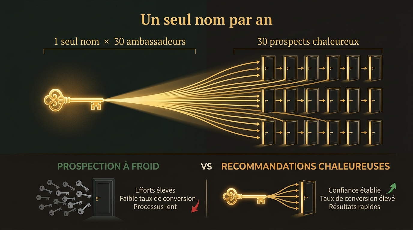 1 nom × 30 ambassadeurs = 30 prospects chaleureux