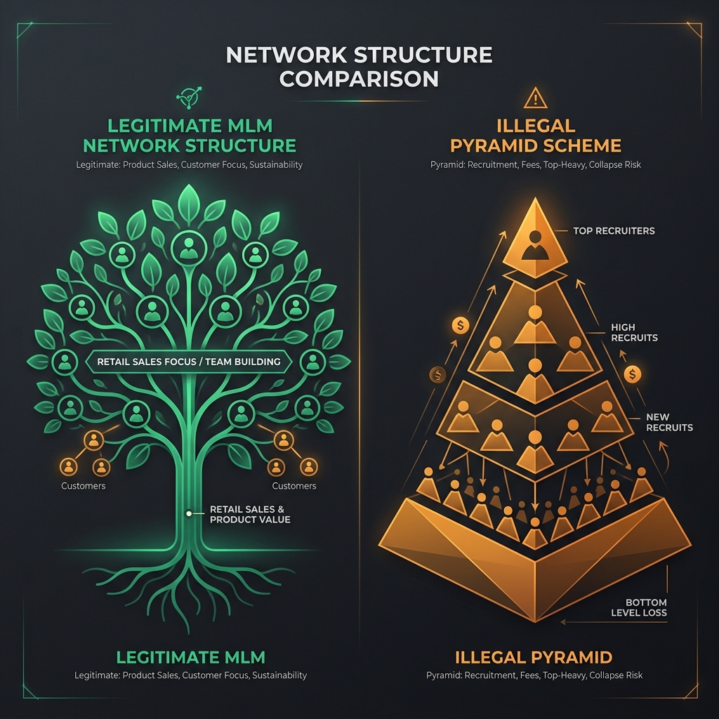 MLM légitime vs pyramide illégale : la différence en un schéma.