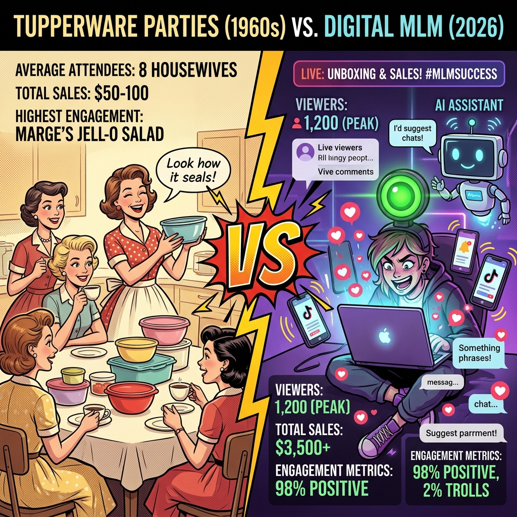 Comparaison humoristique entre une réunion Tupperware des années 1960 (8 ménagères, ventes 50-100$) et le MLM digital de 2026 (1200 spectateurs en direct, IA assistant, ventes 3500$+).