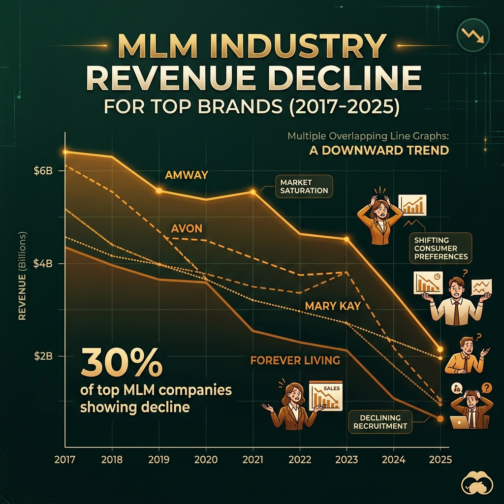 Graphique de déclin des revenus MLM pour les principales marques (Amway, Avon, Mary Kay, Forever Living) de 2017 à 2025, montrant une tendance à la baisse pour 30% des grandes compagnies.