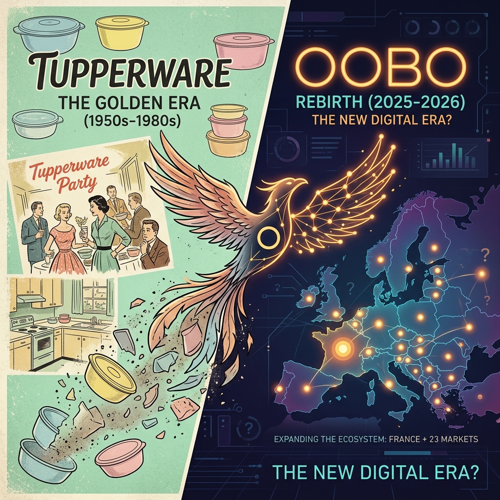 Illustration comparant l'ère Tupperware dorée (1950s-1980s) à gauche avec des fêtes Tupperware nostalgiques, et la renaissance numérique OOBO (2025-2026) à droite avec une carte de l'Europe illuminée et un phénix digital.