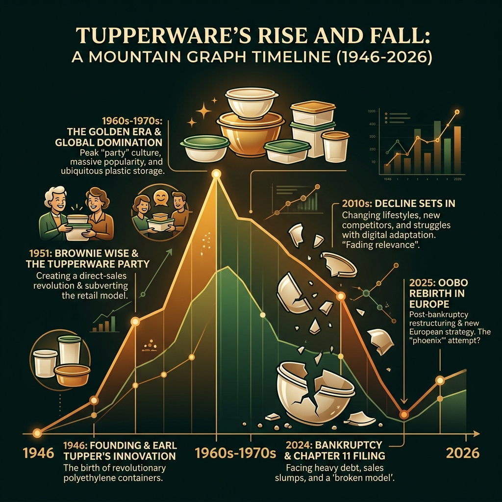 Chronologie de la montée et chute de Tupperware, 1946 à 2026, avec des jalons clés : fondation, Brownie Wise, âge d'or, déclin, faillite 2024, renaissance OOBO 2025.