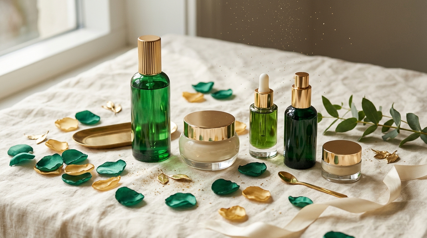 Le monde fascinant des cosmétiques en MLM — flacons de luxe sur fond naturel