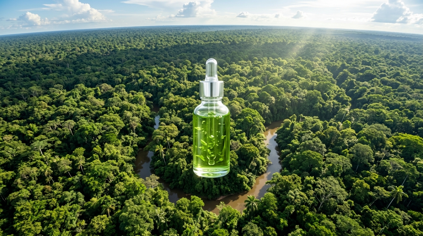 Sérum botanique flottant au-dessus de la forêt amazonienne — l'ADN vert de Natura & Co